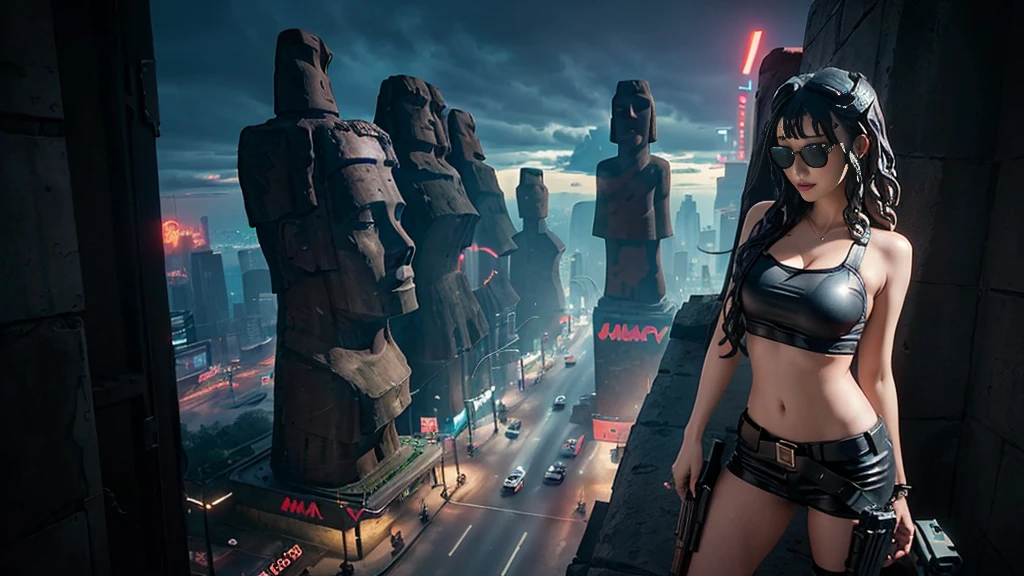 At night, dark sky, aerial view of fantasy cyberpunk style ((Moai-statue)) city, ((flying vehicle)). ((1girl, solo, alone)), photo realistic, medium-breast:1.1 slim body, cleavage, sexy clothes, (black sunglasses), (((hip-up standing and pistol aiming pose))), half-body thigh level medium shot, cinematic lighting.