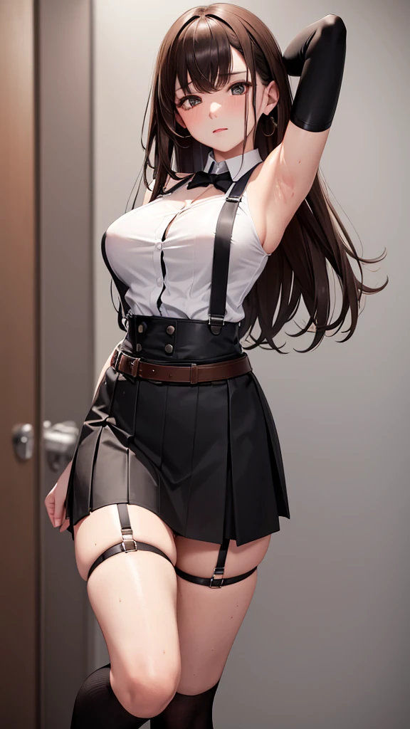 Black skirt, Suspenders, Brown hair grey eyes, Garters on legs, Tight clothing, belt Armpit sweating Poker face Medium breasts