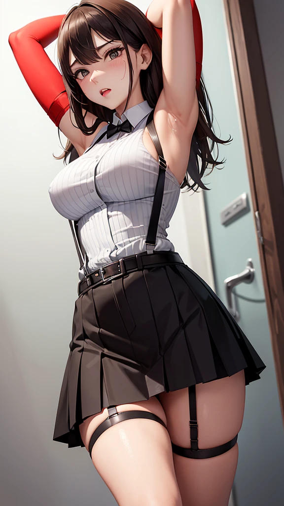 Black skirt, Suspenders, Brown hair grey eyes, Garters on legs, Tight clothing, belt Armpit sweating Poker face Medium breasts