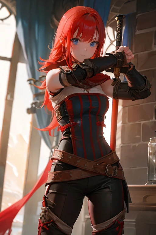 A red-haired girl wields the Heavy Thrusting Swords from within the Elden Ring in a reverse grip.