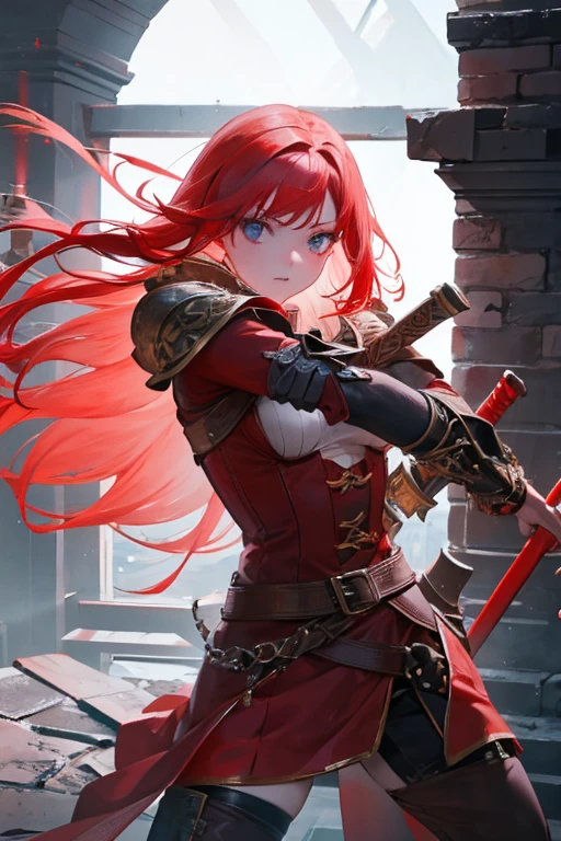 A red-haired girl wields the Heavy Thrusting Swords from within the Elden Ring in a reverse grip.