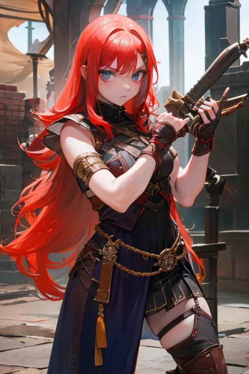 A red-haired girl wields the Heavy Thrusting Swords from within the Elden Ring in a reverse grip.