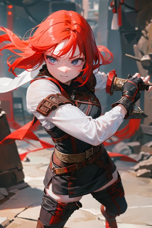 A red-haired girl wields the Heavy Thrusting Swords from within the Elden Ring in a reverse grip.