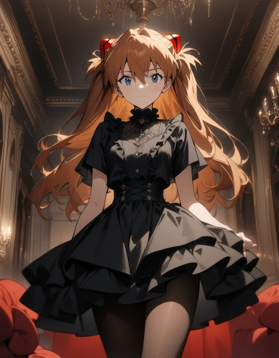 1girl, souryuu asuka langley, neon genesis evangelion, perfect body, gothic dress,frill,pantyhose,mansion,luxury,noble atmosphere,chandelier,masterpiece, best quality, very aesthetic, absurdres,detailed face,cowboy shot