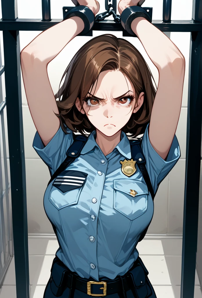 masterpiece, best quality, mature woman, mature face, trimmed hairstyle, brunette hair, mature face, hot face, sharp eyes, medium breasts, curvy body, hazel eyes, police outfit, looking at viewer, tough appearance, prison cell, jail cell, (looking serious), pissed off face, glaring eyes, angry expression, (chained up, restrained)