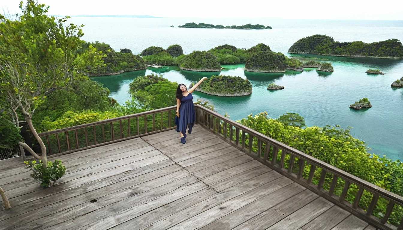 arafed woman standing on a deck overlooking a body of water, panoramic view of girl, in a scenic background, scenic full shot, beautiful place, scenic view, perfect photo, photoshot, shot on nikon d 3 2 0 0, scenery, vacation photo, paradise in the background, a wide full shot, very beautiful scenery, hi - res scan