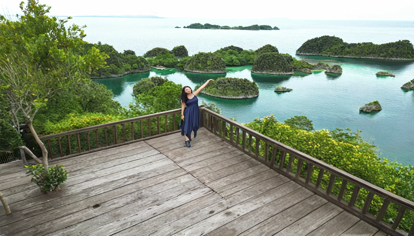 arafed woman standing on a deck overlooking a body of water, panoramic view of girl, in a scenic background, scenic full shot, beautiful place, scenic view, perfect photo, photoshot, shot on nikon d 3 2 0 0, scenery, vacation photo, paradise in the background, a wide full shot, very beautiful scenery, hi - res scan