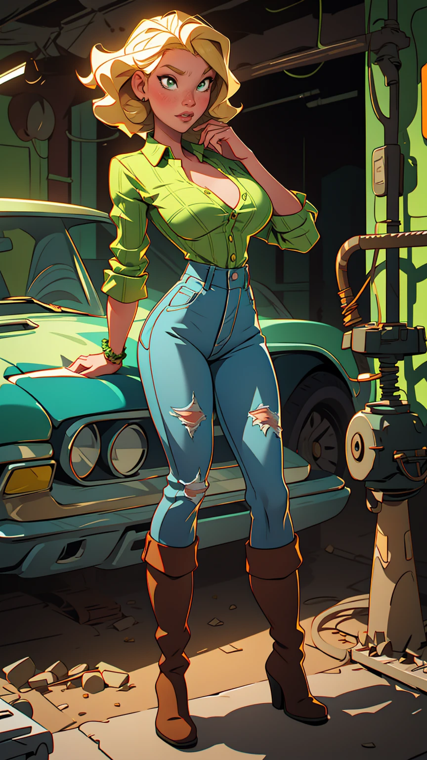 1 woman, blonde woman, curly hair , green eyes , Sly face , Green plaid shirt , big breasts, cowboy jeans, Long legs , stretch , boots , abandoned factory,