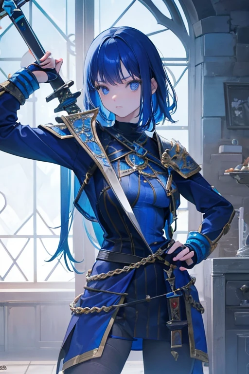 A deep blue-haired girl wields the Heavy Thrusting Swords from within the Elden Ring in a reverse grip.