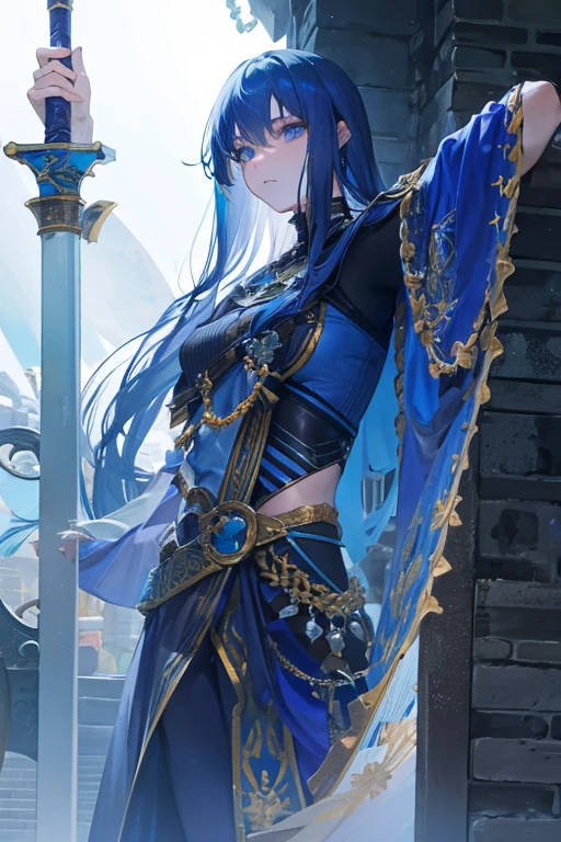 A deep blue-haired girl wields the Heavy Thrusting Swords from within the Elden Ring in a reverse grip.