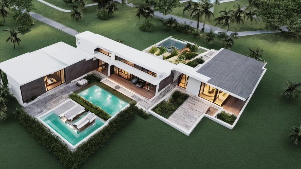 Elegant one-story, long, white cement mixed with wood house., Looks like the letter L, curved,It looks like a room.,medium sized back,beautiful,On the dark green grass,Shady atmosphere,There is a small coconut tree.,in the back,Daytime,Take photos from a drone