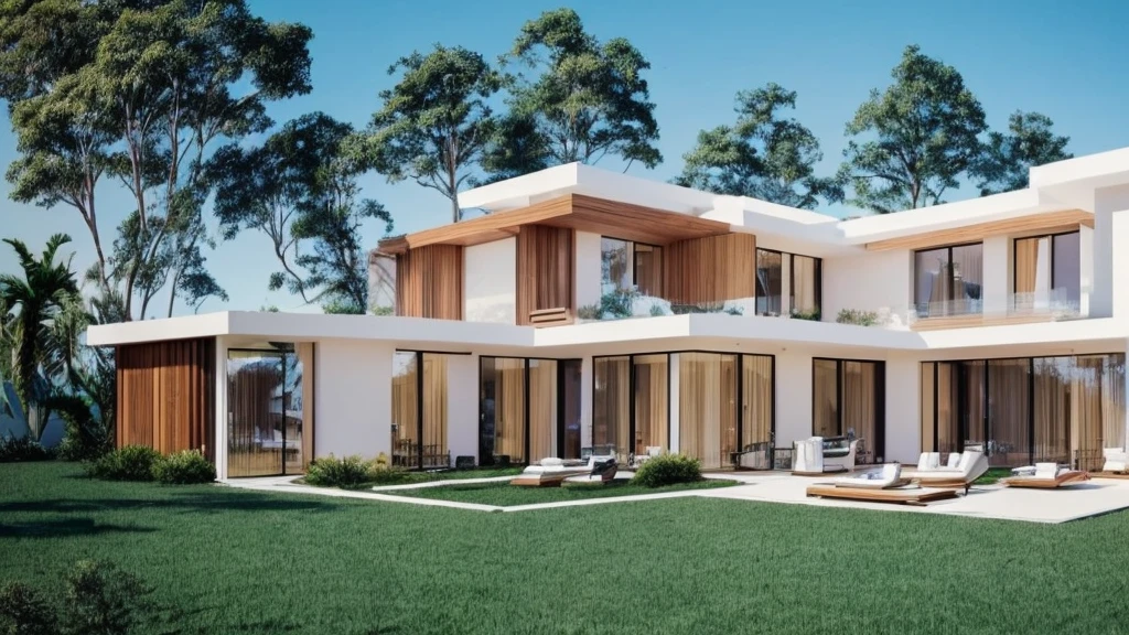 Elegant one-story, long, white cement mixed with wood house., Looks like the letter L, curved,It looks like a room.,medium sized back,beautiful,On the dark green grass,Shady atmosphere,There is a small coconut tree.,in the back,Daytime,Take photos from a drone