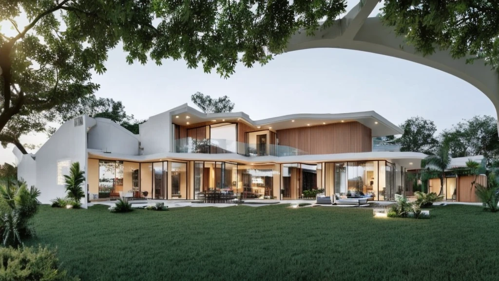Elegant one-story, long, white cement mixed with wood house., Looks like the letter L, curved,It looks like a room.,medium sized back,beautiful,On the dark green grass,Shady atmosphere,There is a small coconut tree.,in the back,Daytime,Take photos from a drone