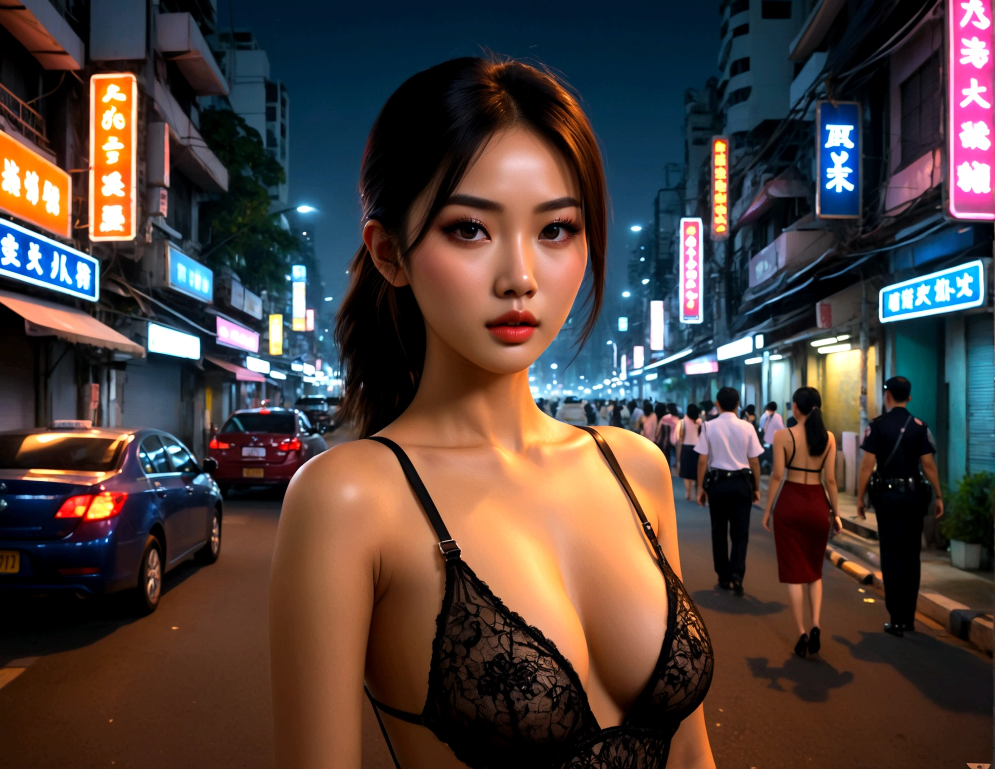 a beautiful young woman Lucy Iiu, 25 years old, wearing a provocative and skimpy outfit, she is an undercover cop walking the streets of Bangkok at night, checking on the working girls, detailed face and eyes, long eyelashes, beautiful detailed lips, extremely detailed face, realistic, photorealistic, masterpiece, 8k, high quality, studio lighting, sharp focus, physically-based rendering, vibrant colors, neon lights, night city streets, bangkok, undercover cop, working girls