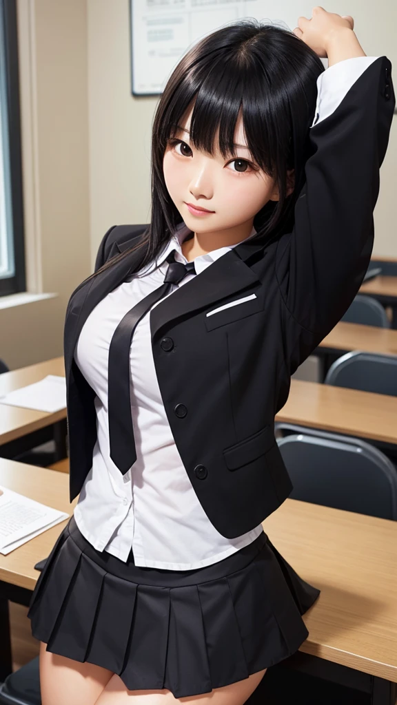 Tabletop、highlight、Asian woman、Black Hair、Heavy bangs、breast enhancement、high school girl、blazer、skirt、Gazing Eyes、Support your chest with your arms、
