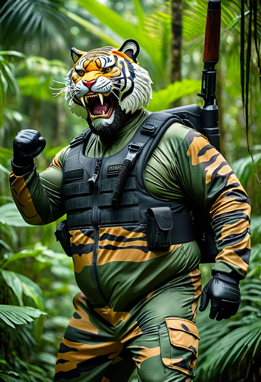 (a dark-skinned bearded fat old man in army camouflage zipper diver suit) (wearing proportionate realistic roaring tiger mask that show the wearer eyes), raising fist, carrying a gun holster on his right hip, walking in jungle, muscular, Basuki Abdullah, sumatraism, muscular physique, imposing stature, action, a character portrait, heroic, fierce, snarling, best quality