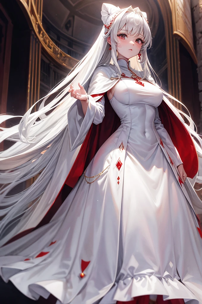 White and red medieval dress, Super voluminous skirt, Round Princess Skirt, High throat, Cover the body from neck to toe, Covered neck, Wearing a long black fur jacket, white, translucent, A soft dress,