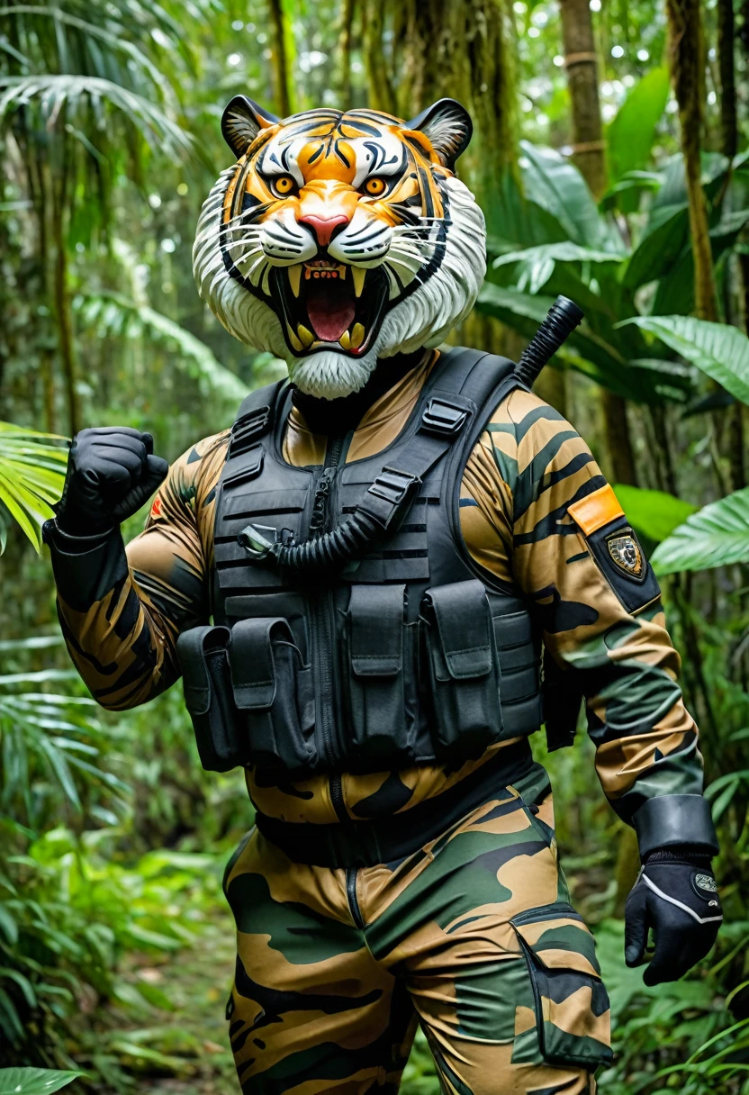 (a dark-skinned bearded fat old man in army camouflage zipper diver suit) (wearing proportionate realistic roaring tiger mask that show the wearer eyes), raising fist, carrying a gun holster on his right hip, walking in jungle, muscular, Basuki Abdullah, sumatraism, muscular physique, imposing stature, action, a character portrait, heroic, fierce, snarling, best quality
