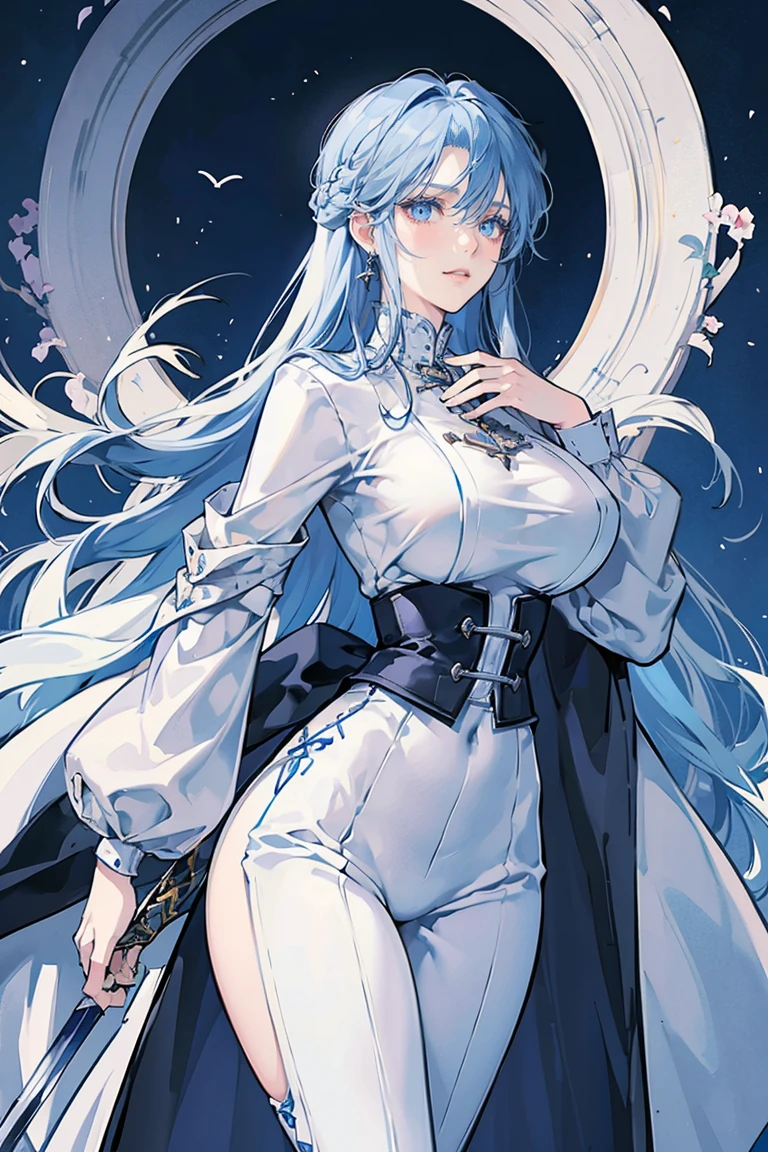 anime - (masterpiece), best quality, seductive eyes, mature face, blue eyes, long length blue hair, black suit, white pants, white coat, sword on left hip, tall woman, long legs, adult-like female, 1girl, big breast, smug face