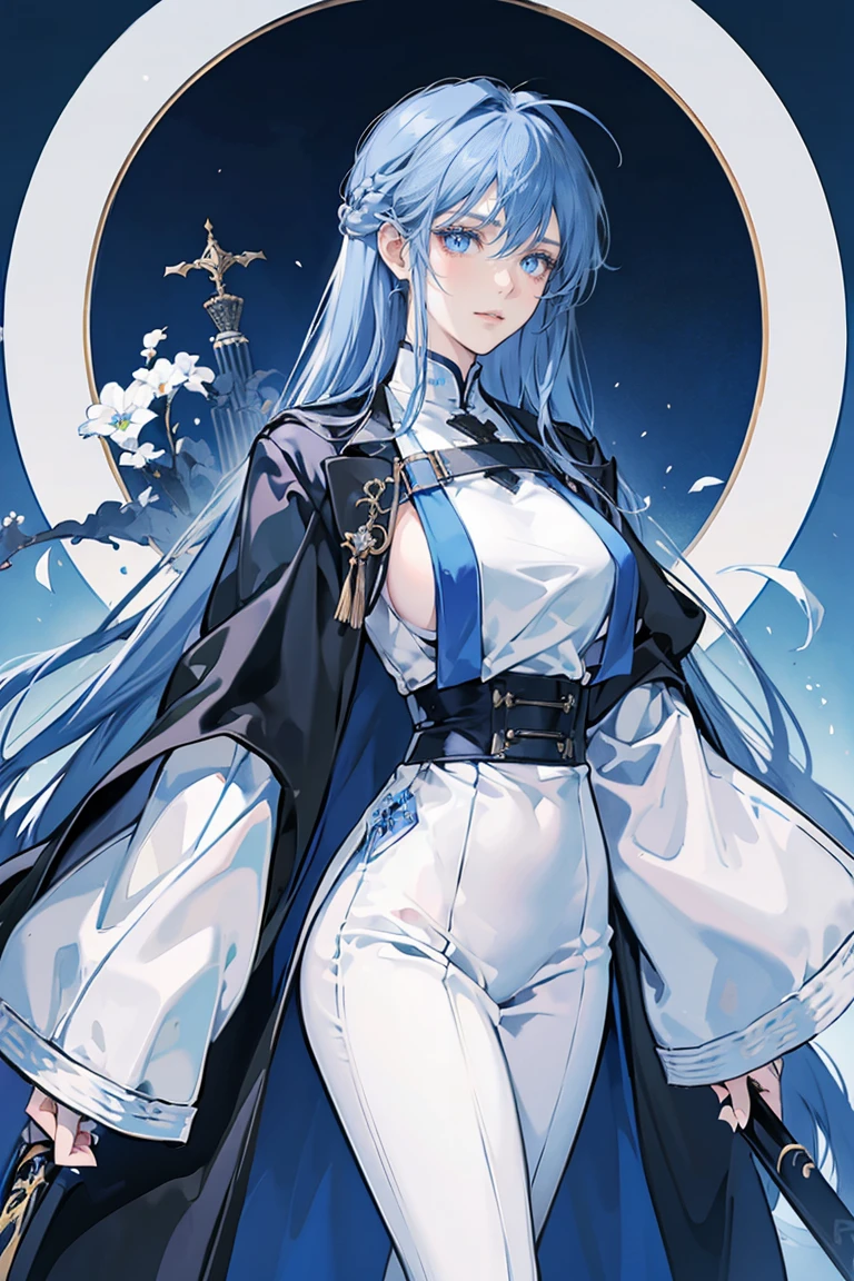 anime - (masterpiece), best quality, seductive eyes, mature face, blue eyes, long length blue hair, black suit, white pants, white coat, sword on left hip, tall woman, long legs, adult-like female, 1girl, big breast, smug face
