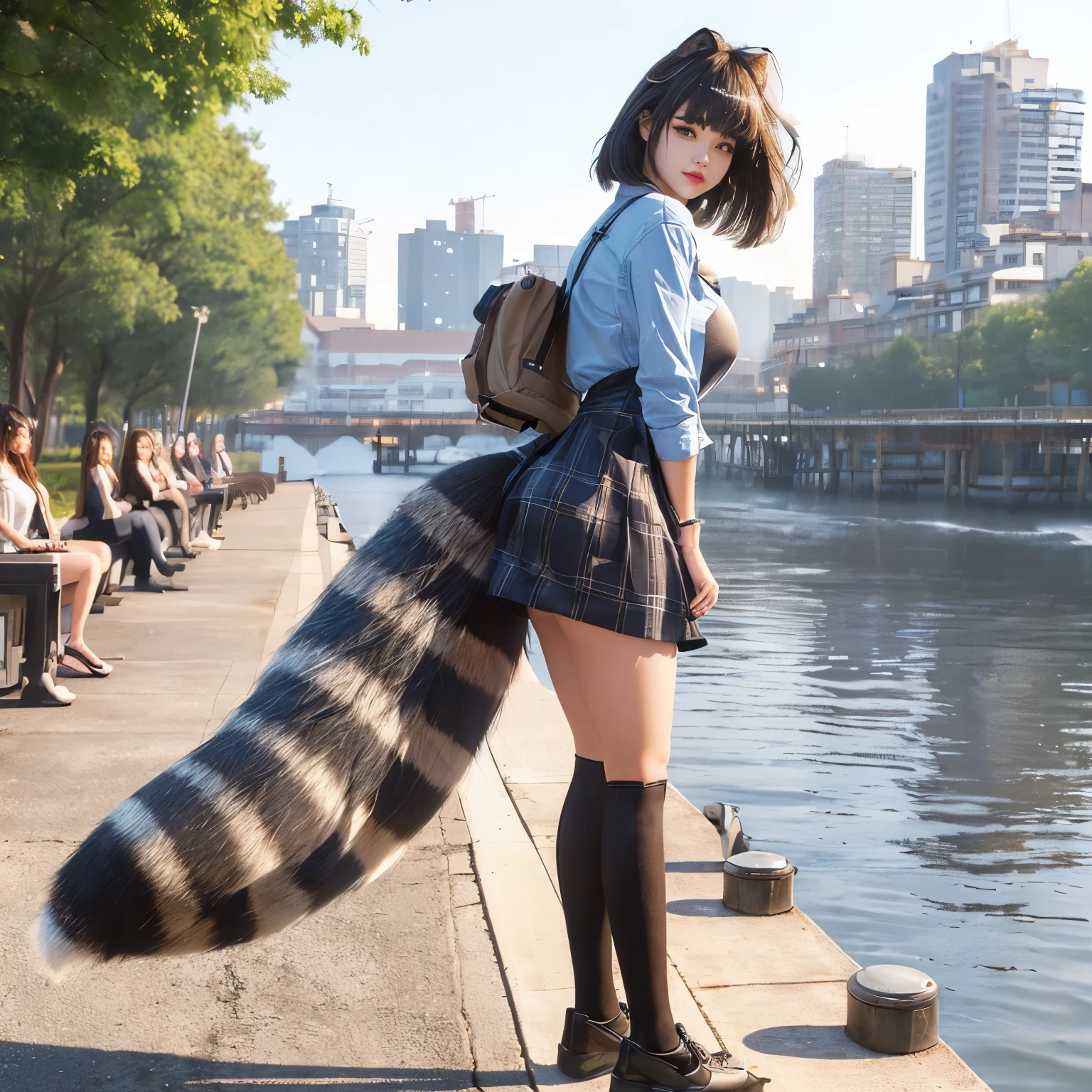 Girl with a raccoon tail standing on a pier, Fluffy tail, Hairy tail, Realistic, a , tail, thick Fluffy tail, hyperRealistic , Realistic , photo, Women's furry mini cute style, hyper Realistic fur, photograph, Highest quality