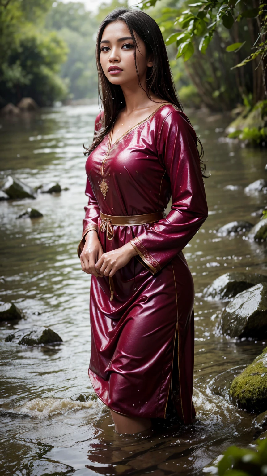 Malay woman wearing baju kurung ,standing in the water, long sleeves, close-up fantasy with water magic, beautiful girl, big breast, long brown hair, wet hair, wearing a dress made of water, realistic oil painting, soaking wet, in the water high knee length covered, beautiful realistic painting, nymph in the water, hyperrealistic portrait in the river, hyperrealistic fantasy art, splashes, realistic fantasy painting, cute shot, narrow depth of field, 8k, soaking wet, ((soaked)), dripping water, dripping water, heavy clothes, soaked in water, soaked, lipstick rouge, soaked,