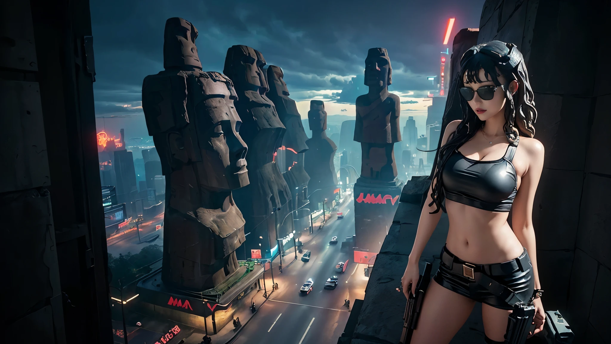 At night, dark sky, aerial view of fantasy cyberpunk style ((Moai-statue)) city, ((flying vehicle)). ((1girl, solo, alone)), photo realistic, medium-breast:1.1 slim body, cleavage, sexy clothes, (black sunglasses), (((hip-up standing and pistol aiming pose))), half-body thigh level medium shot, cinematic lighting.
