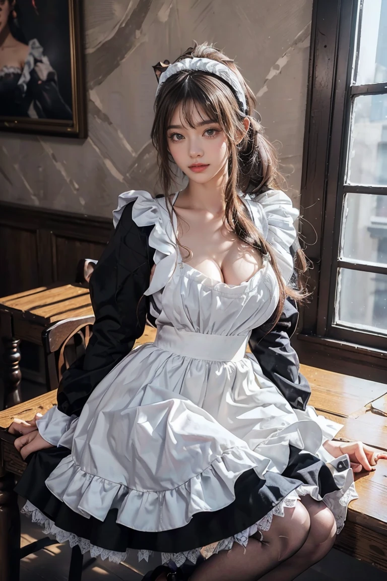 ((masterpiece, best quality, Highest image quality, high resolution, Reality, RAW photos, 8K)), ((Extremely detailed CG unified 8k wallpaper)), 75mm lens,close up,Bust,Overlooking,(Huge stunning goddess photo, Very hot and sexy, Stunning beauty, Perfect proportion, Beautiful Body, slim body beautiful:1.4), ((ung woman, Detailed face and eyes, Pretty Face, Ponytail, Cute cat ears,Lace cat ears,Glowing skin, Realistic skin texture, Wearing a maid outfit, (((Large Breasts),Chest hollow,Cleavage)),Sitting at the table with legs spread, Put one leg on the chair, Coffee Shop,((猫耳Headdress,Lace cat ear girl,Cat ear headbands)),Dynamic poses, Long sleeve, Large Breasts, Big Ass)), ((Black maid outfit, Long sleeve, Long skirt, White apron, Headdress, High heel ))),