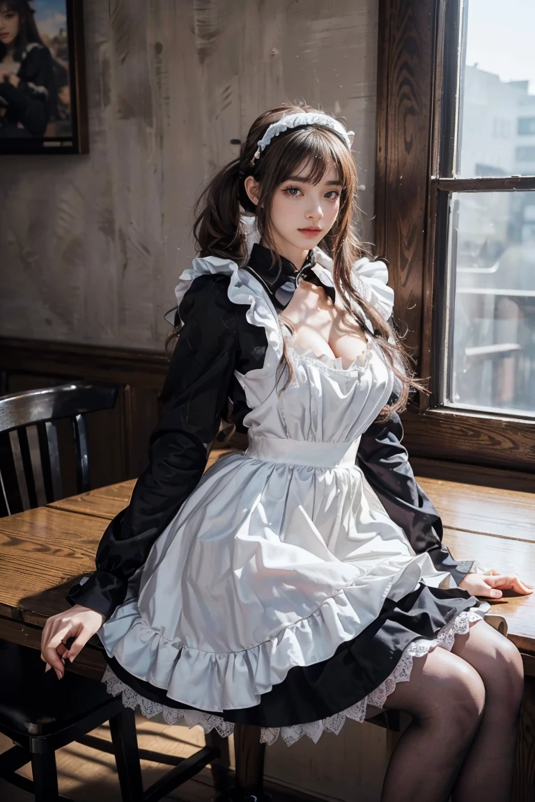 ((masterpiece, best quality, Highest image quality, high resolution, Reality, RAW photos, 8K)), ((Extremely detailed CG unified 8k wallpaper)), 75mm lens,close up,Bust,Overlooking,(Huge stunning goddess photo, Very hot and sexy, Stunning beauty, Perfect proportion, Beautiful Body, slim body beautiful:1.4), ((ung woman, Detailed face and eyes, Pretty Face, Ponytail, Cute cat ears,Lace cat ears,Glowing skin, Realistic skin texture, Wearing a maid outfit, (((Large Breasts),Chest hollow,Cleavage)),Sitting at the table with legs spread, Put one leg on the chair, Coffee Shop,((猫耳Headdress,Lace cat ear girl,Cat ear headbands)),Dynamic poses, Long sleeve, Large Breasts, Big Ass)), ((Black maid outfit, Long sleeve, Long skirt, White apron, Headdress, High heel ))),