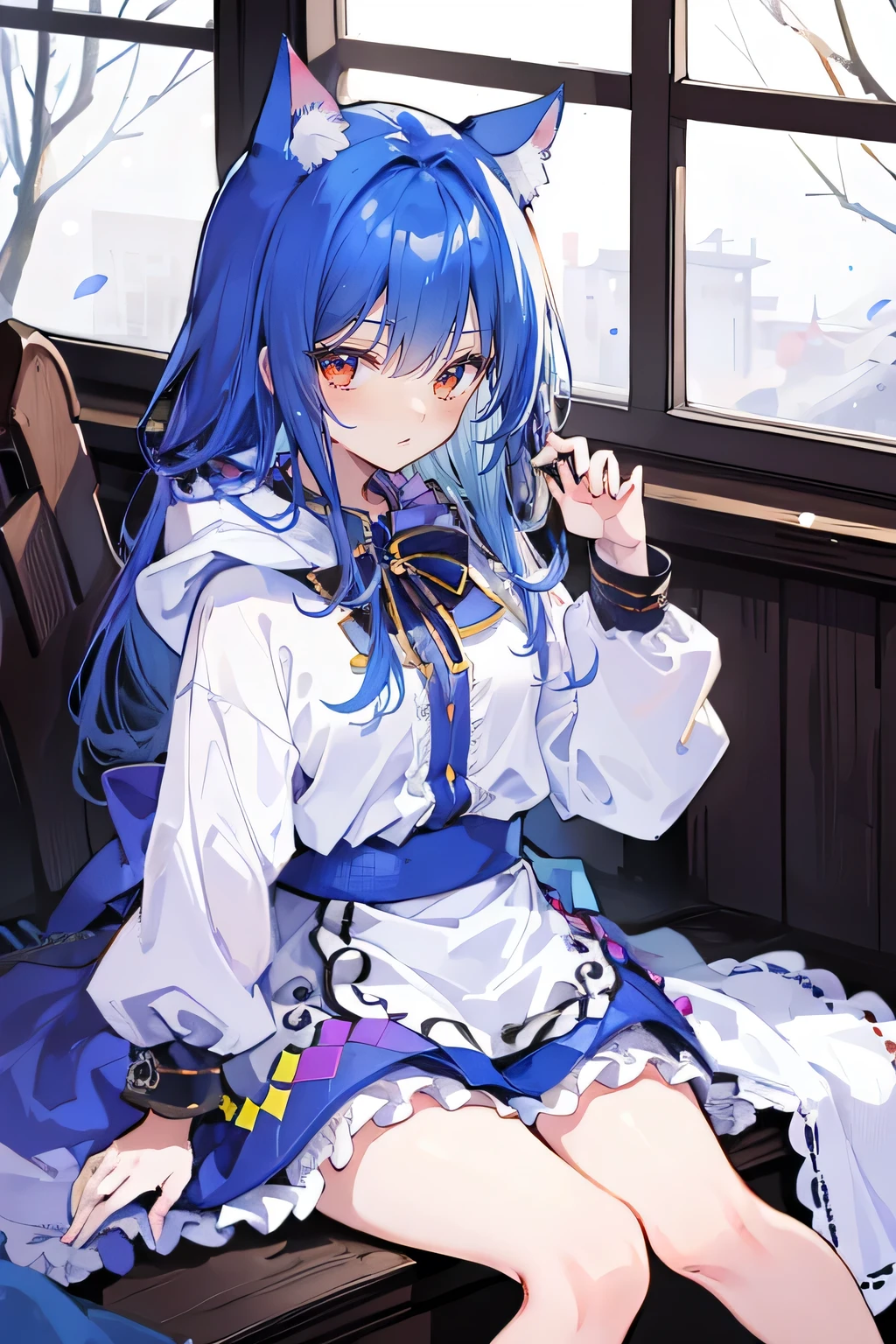 (masterpiece:1.2),Super detailed,lifelike,Expressive eyes,fair skin,perfect face shape,1 girl,
Japanese comics,Gorgeous blue hair,flowing blue hair,flowing clothes,Cat ears,Petals fall,beautiful lola,Baby Angel,
Shaking head with one hand,Cross your legs,Gentle and peaceful background,The pavilion is cool and comfortable,smile, wearing hoodie, In front of the window,snowing