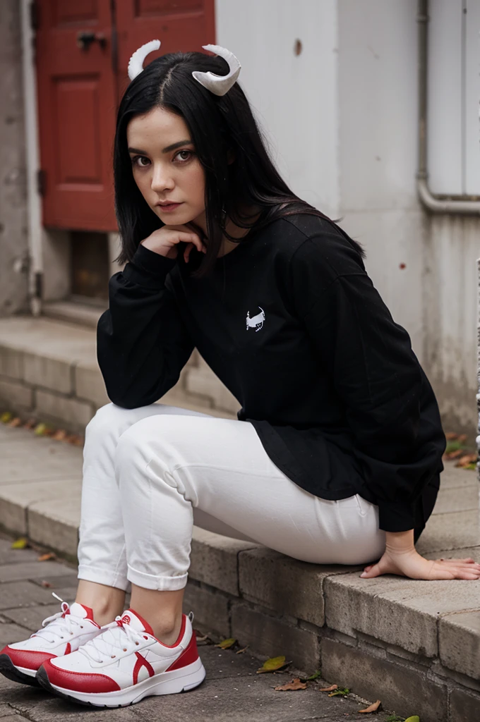 red eye, Black hair, long-sleeved black shirt, black pants, white shoes, red horn