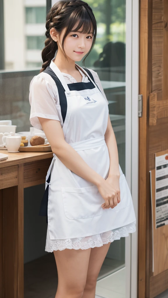 One girl,foot,a girl at building,(((building))),  Braided bangs,Braided Ponytail,(alone:1.2),apron,Thick thighs,Side tie panties, Black Hair, 16 years old,View your viewers, sunlight,Hanfu, เปลือยท่อนบน