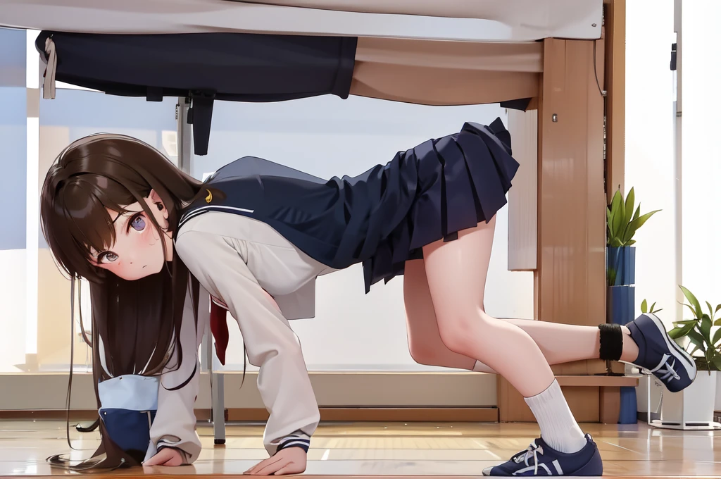 A female student in a sailor uniform is watching a physical education class in the gymnasium because she is feeling unwell