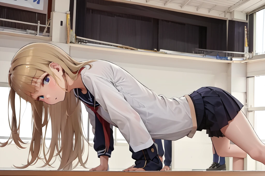 A female student in a sailor uniform is watching a physical education class in the gymnasium because she is feeling unwell