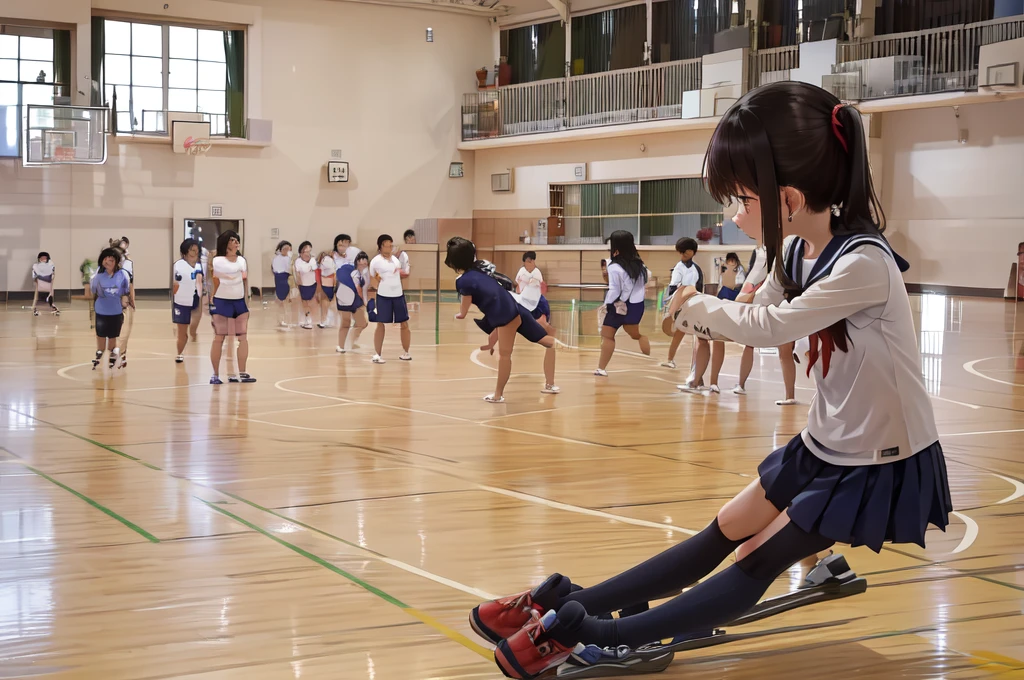A female student in a sailor uniform is watching a physical education class in the gymnasium because she is feeling unwell