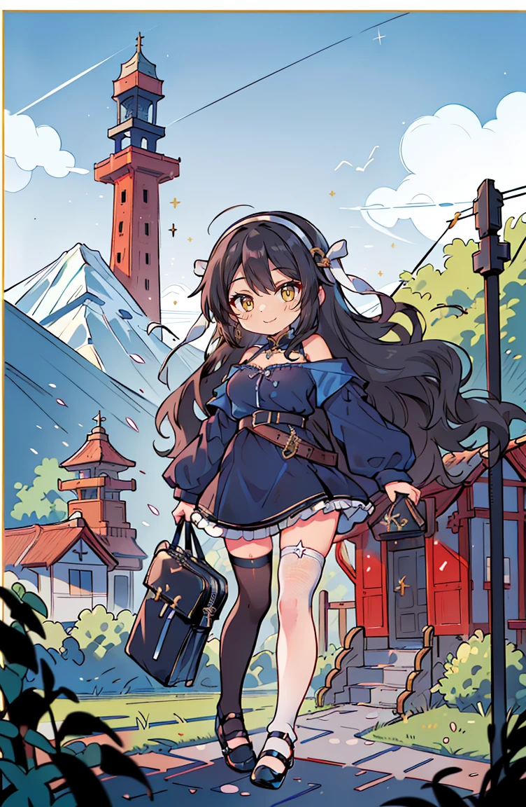 (masterpiece:1.2), (high quality:1.2), hui xiyi, rekkyo sensen, rekkyou sensen, (full body, chibi girls:1.45), solo focus, girls with((black hair, tits cleavage, exposed breasts, breasts close up, dress, (blue clothes:1.3), ribbon belt, off-shoulder sleeves, long sleeves, off shoulder jacket, frills shirt, frills camisole, straps, (ribbon tie, rosary choker, golden rosary, cross:1.05), (strap shoes, black shoes, exposed legs, exposed foots, left thighhigh, white thighhigh:1.7), (long wavy hair, one side up:1.4))), background with ((architecture, blue sky, building, bush, castle, village, no humans, cloud, cloudy sky, day, fence, field, garden, grass, hill, house, lamppost, landscape, mountain, mountainous horizon, nature, no humans, outdoors, scenery, shrine, sky, tower))