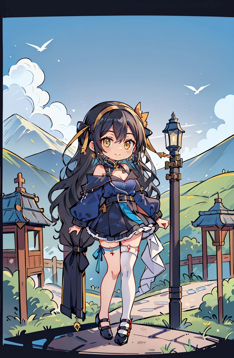 (masterpiece:1.2), (high quality:1.2), hui xiyi, rekkyo sensen, rekkyou sensen, (full body, chibi girls:1.45), solo focus, girls with((black hair, tits cleavage, exposed breasts, breasts close up, dress, (blue clothes:1.3), ribbon belt, off-shoulder sleeves, long sleeves, off shoulder jacket, frills shirt, frills camisole, straps, (ribbon tie, rosary choker, golden rosary, cross:1.05), (strap shoes, black shoes, exposed legs, exposed foots, left thighhigh, white thighhigh:1.7), (long wavy hair, one side up:1.4))), background with ((architecture, blue sky, building, bush, castle, village, no humans, cloud, cloudy sky, day, fence, field, garden, grass, hill, house, lamppost, landscape, mountain, mountainous horizon, nature, no humans, outdoors, scenery, shrine, sky, tower))