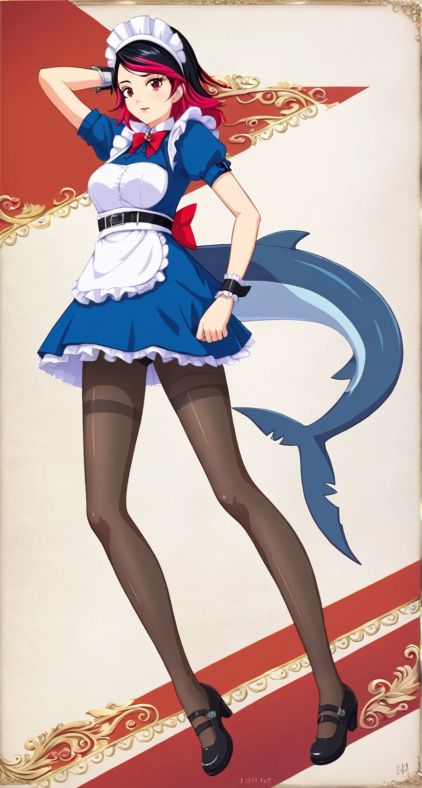 (masterpiece),(best quality),(ultra-detailed),(best illustration),(best shadow),(absurdres),(detailed background),(very aesthetic), Ellen Joe, maid, shark tail, (shark girl:0.5), 1girl, red eyes, tail, pantyhose, multicolored hair, black footwear, short sleeves, apron, wrist cuffs, maidheaddress,
