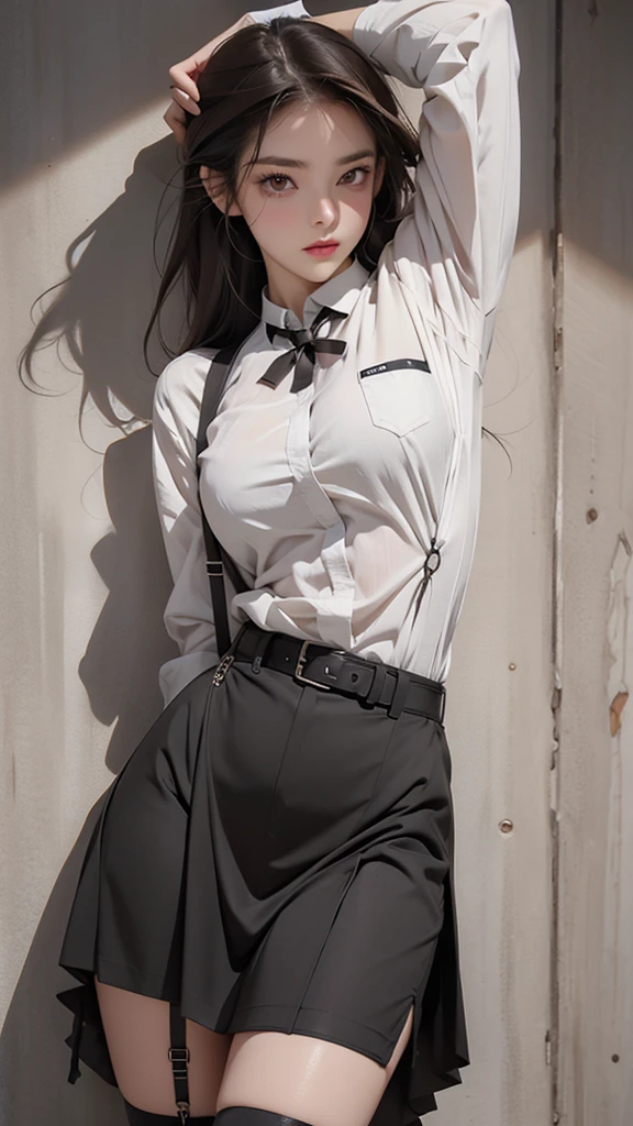 Black skirt, 　Suspenders, Brown hair grey eyes, Garters on legs, Tight clothing, 　　 belt　Armpit sweating　　Poker face　Medium breasts