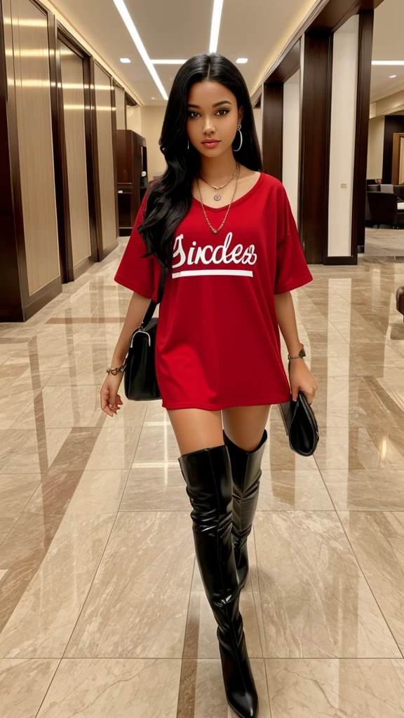 1girl in, age19, ligh skinned mixed black girl round face,solo, black hair Colossal tits, looking at the camera, Full body, wearing red versized baseball shirt necklace chain Realistic, showing sexy thighs,A sexy light skin girl mixed girl,hotel lobby, night out, white thigh high boots heels, walking,facing camera, hooves earrings walking straight looking at the camera realistic looking girl luxury hotel lobby,wearing red oversized baseball shirt
