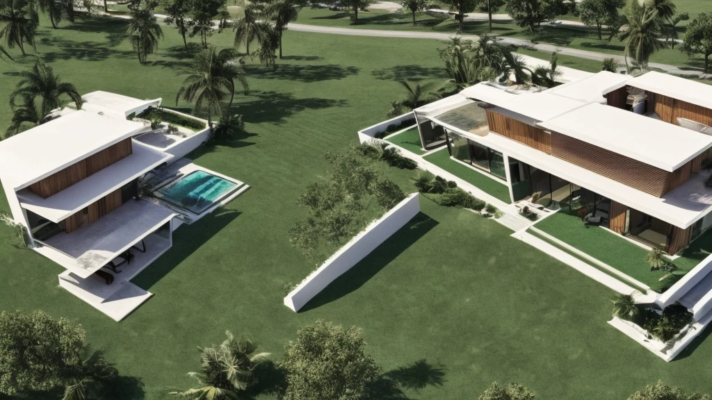 Elegant one-story, long, white cement mixed with wood house., Looks like the letter L, curved,It looks like a room.,medium sized back,beautiful,On the dark green grass,Shady atmosphere,There is a small coconut tree.,in the back,Daytime,Take photos from a drone