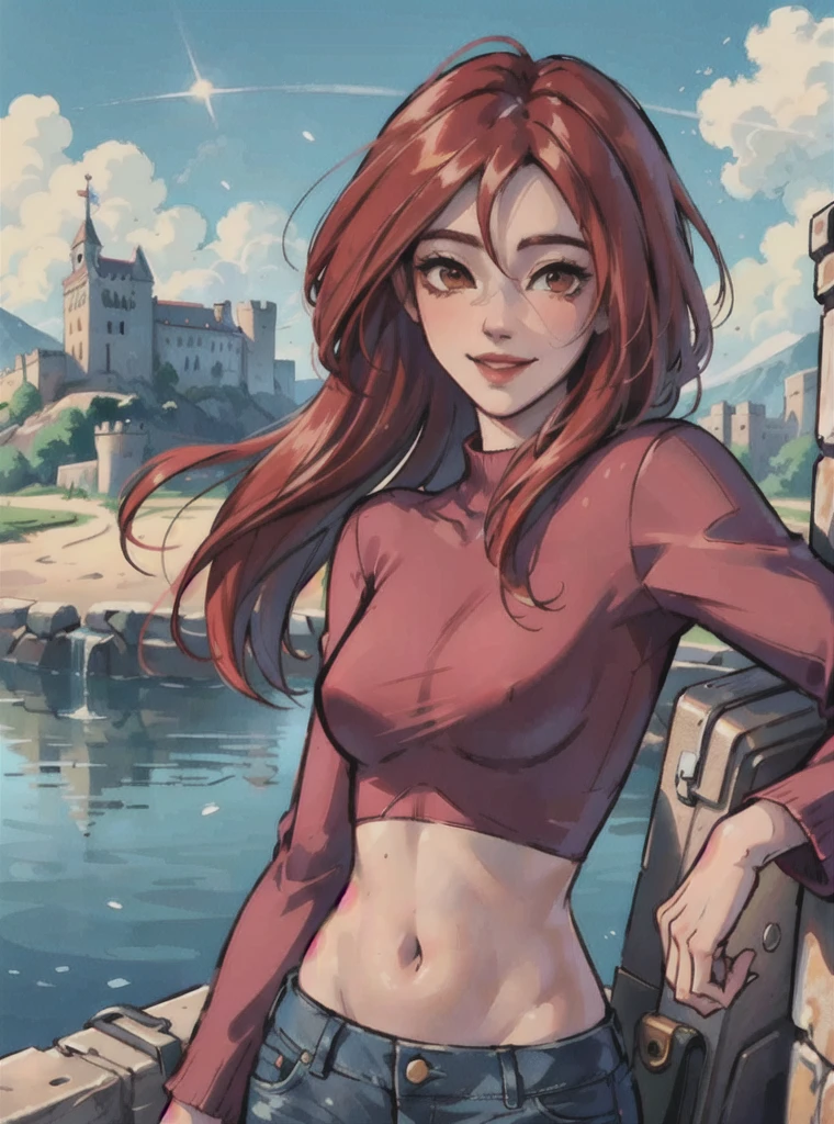 (Masterpiece:1.2, Best Quality, high resolution), 1 girl, Alone, standing, struggle, (beautiful face, detailed face, smiling), Red hair, long hair, willpower_water, orange sweater and blue jeans,  Looking down at the viewer, point of view from below (castle background, fantasy background), western cartoon style