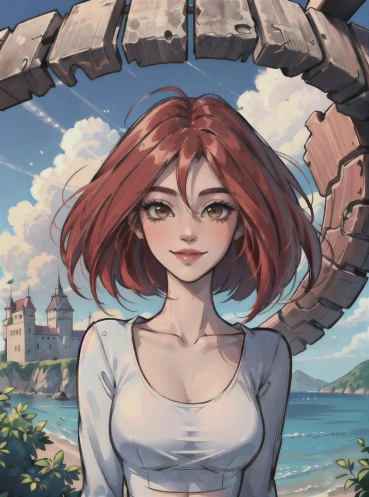 (Masterpiece:1.2, Best Quality, high resolution), 1 girl, Alone, standing, struggle, (beautiful face, detailed face, smiling), Red hair, long hair, willpower_water, orange sweater and blue jeans,  Looking down at the viewer, point of view from below (castle background, fantasy background), western cartoon style