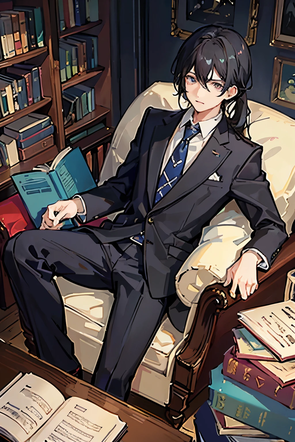 25歳くらいのmaleの人、Her waist-length black hair is tied back、Wearing a black suit、Eye color is a calm blue、The background is a room with many books、I have a book in my hand、male、male性