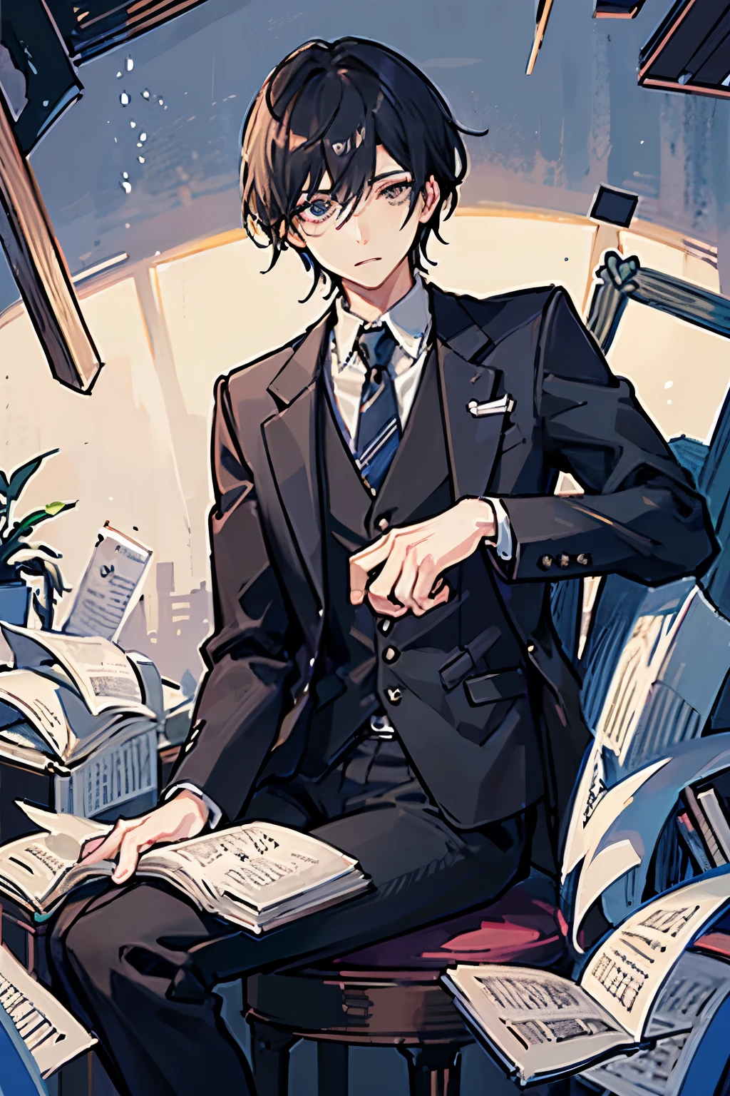 25歳くらいのmaleの人、Her waist-length black hair is tied back、Wearing a black suit、Eye color is a calm blue、The background is a room with many books、I have a book in my hand、male、male性