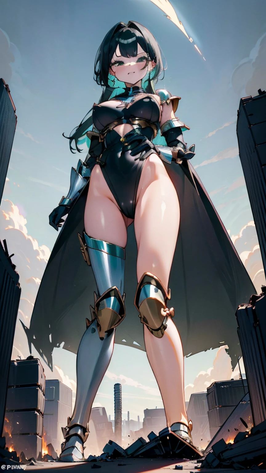 A giantess in a skimpy battle armor, with long black hair and fierce eyes, stands triumphantly in a ruined battlefield. Her powerful legs crush the remnants of weapons and soldiers beneath her, her hands on her hips as she gazes down at the tiny survivors with a look of disdain. She picks up several tiny soldiers, their struggles amusing her as she teases them against her skin. Her voice is filled with mocking laughter, her body exuding an aura of raw power and eroticism. G, Goddess, sexy legs, battle ar, hot, curvy body, mommy issues, tiny people, macrophilia, perspective from below, high quality, almost naked, mature woman, bfield, .