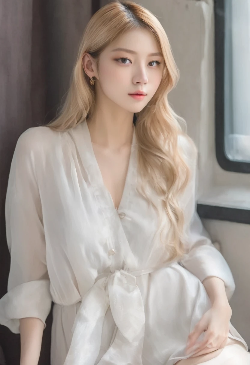 (((European Caucasian Woman)))、(((Mary, 18 years old)))、one person、(Thin contours、grey Eye)、(Thin contours)、(Big Breasts:1.5)、Narrow waist、(((White and translucent skin:1.3)))、Beautiful, shiny blonde medium-long hair、8-head-tall model style、Waist-down angle、Tokyo city、Full body focus