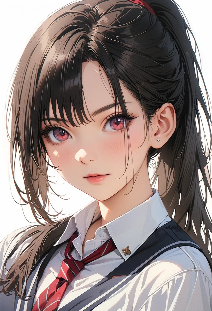 20 years old,1 mature woman,hyperrealistic, 8k, (extremely detailed 8k), (very delicate and beautiful), (masterpiece), (ter quality:1.0), (ultra high resolution:1.0), (masterpiece, best quality),cute,black hair,ponytail,upper body,white background,realistic skin,collared shirt, pleated skirt,model posing