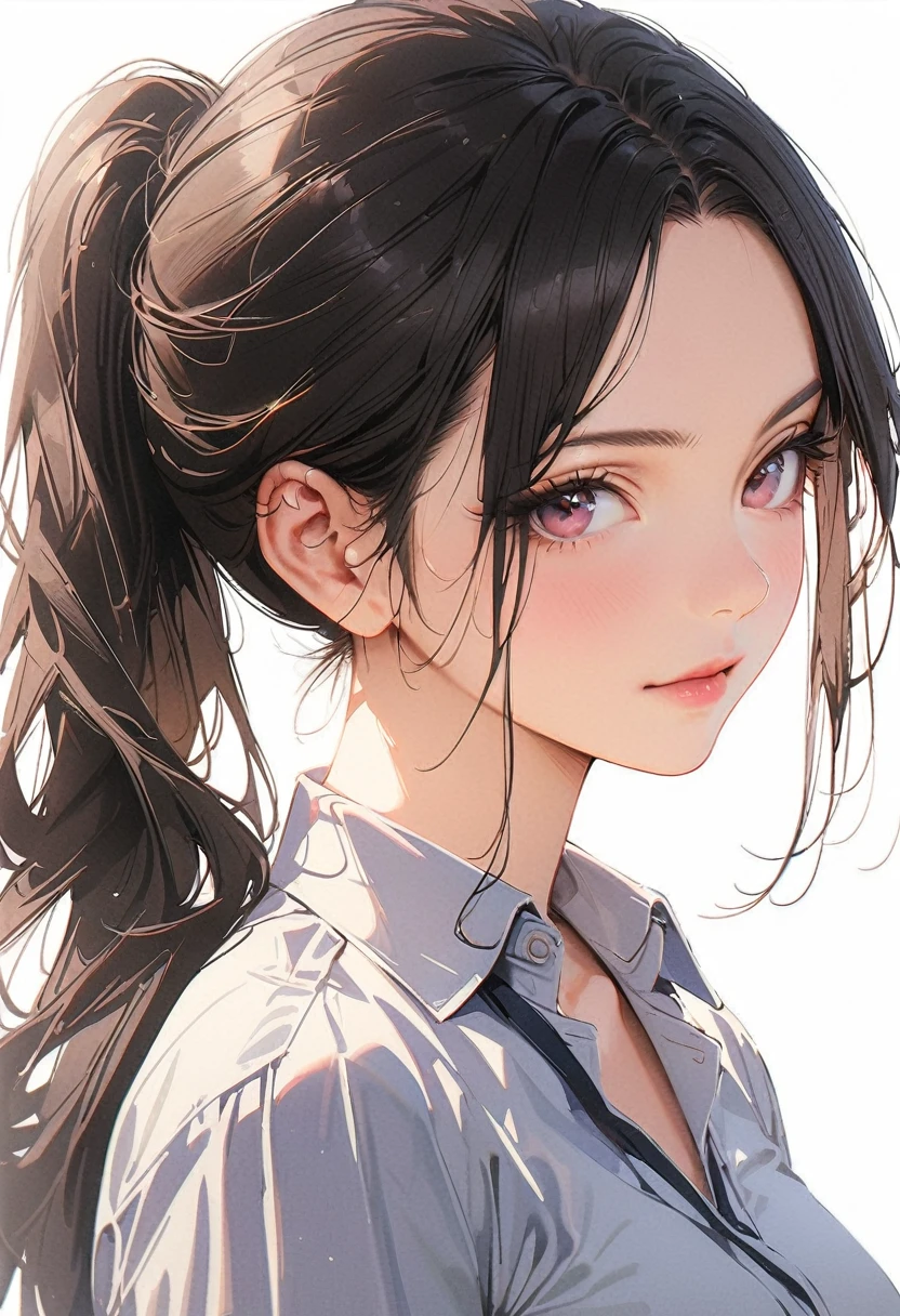 20 years old,1 mature woman,hyperrealistic, 8k, (extremely detailed 8k), (very delicate and beautiful), (masterpiece), (better quality:1.0), (ultra high resolution:1.0), (masterpiece, best quality),cute,black hair,ponytail,upper body,white background,realistic skin,collared shirt, pleated skirt,model posing