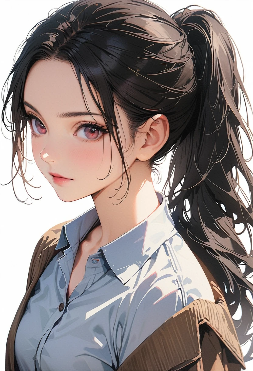 20 years old,1 mature woman,hyperrealistic, 8k, (extremely detailed 8k), (very delicate and beautiful), (masterpiece), (better quality:1.0), (ultra high resolution:1.0), (masterpiece, best quality),cute,black hair,ponytail,upper body,white background,realistic skin,collared shirt, pleated skirt,model posing